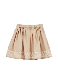 Bézs pamut szoknya rugalmas derékkal, fehér virágmintás hímzéssel az alján és rakott anyaggal a bővített forma érdekében.