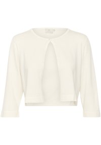 Gekürzter weißer Cardigan mit Dreiviertelärmeln, weicher Textur, runder Halslinie, Ein-Knopf-Verschluss und umgeschlagenen Bündchen.