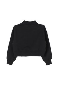 Felpa nera corta con maniche lunghe, scollo alto e polsini elastici. Realizzata in un tessuto morbido, caratterizzata da una texture liscia.