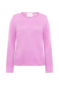 Pull en tricot rose avec un col rond, des manches longues et des poignets et ourlet côtelés. Texture lisse, matériau léger et couleur unie.
