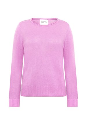 Różowy sweter z dzianiny z okrągłym dekoltem, długimi rękawami oraz ściągaczami na mankietach i u dołu. Gładka faktura, lekki materiał i jednolity kolor.