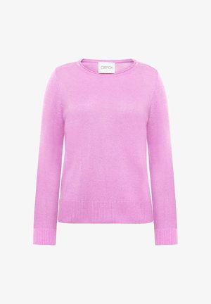 Pull en tricot rose avec un col rond, des manches longues et des poignets et ourlet côtelés. Texture lisse, matériau léger et couleur unie.