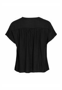 Blusa nera a maniche corte con un fit rilassato, pannello posteriore arricciato e una texture di stoffa morbida.