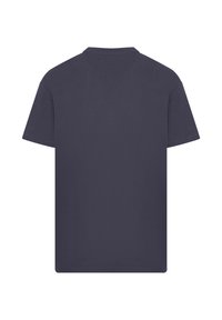 Dunkelblaues Baumwoll-T-Shirt; kurze Ärmel, Rundhalsausschnitt, einfarbig mit glatter Textur; keine Muster oder Logos sichtbar.