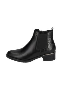 Stivale alla caviglia in pelle nera con tacco basso, pannello laterale elastico, sezione del tacco texturizzata e linguetta sul retro.
