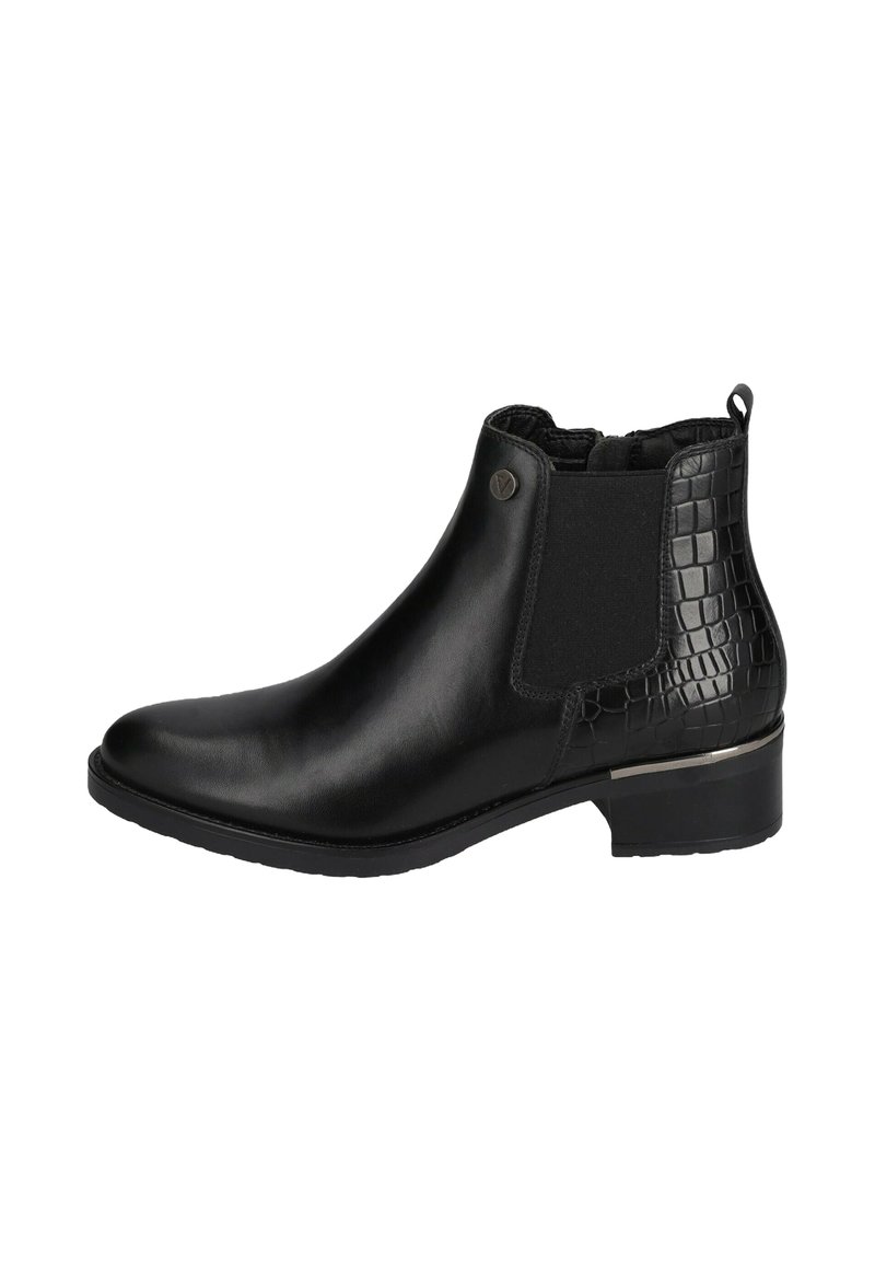 Stivale alla caviglia in pelle nera con tacco basso, pannello laterale elastico, sezione del tacco texturizzata e linguetta sul retro.