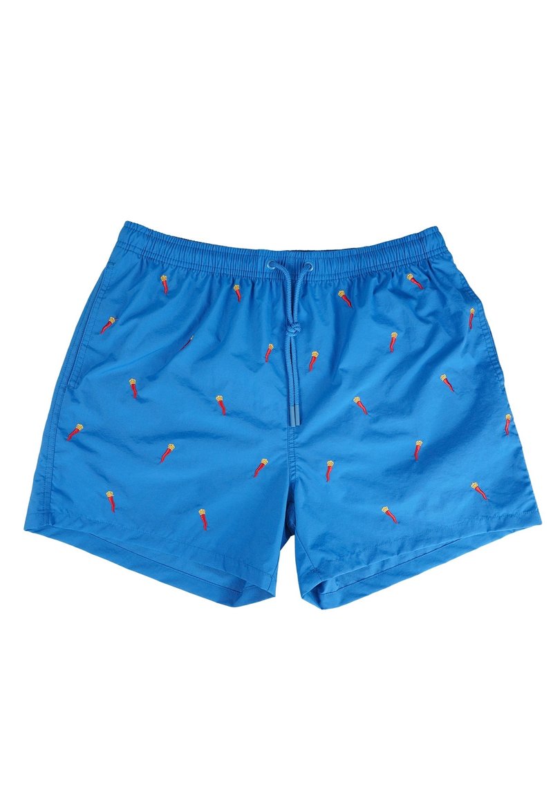 Pantaloni da bagno blu realizzati in tessuto leggero, con piccoli motivi ricamati in rosso. Vita elasticizzata con cordoncino per una vestibilità sicura.