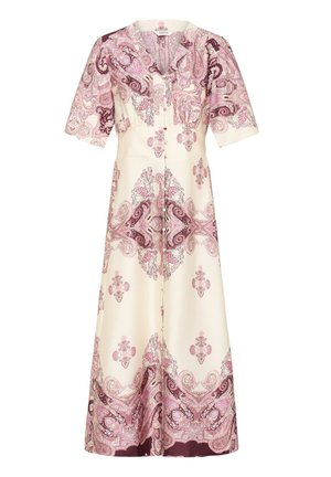 Krém színű midi ruha rózsaszín és lila paisley mintákkal, rövid ujjakkal, V-nyakkivágással és gombos elejű.