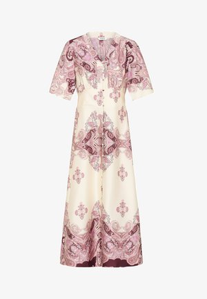 Krém színű midi ruha rózsaszín és lila paisley mintákkal, rövid ujjakkal, V-nyakkivágással és gombos elejű.
