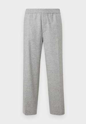 Light gray, textured, fabric trousers with an elastic waistband. Straight-leg design, no visible pockets or hardware details.