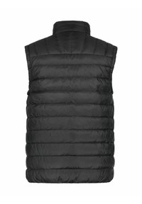 Zwarte gewatteerde gilet met een hoge kraag en een horizontaal quiltpatroon, gemaakt van een lichtgewicht, gladde stof. Geen mouwen of sluiting aan de voorkant.