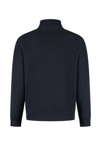 Gebreide donkerblauwe pullover met een hoge kraag en ribbelstructuur. Heeft lange mouwen en een rechte zoom zonder versieringen of patronen.
