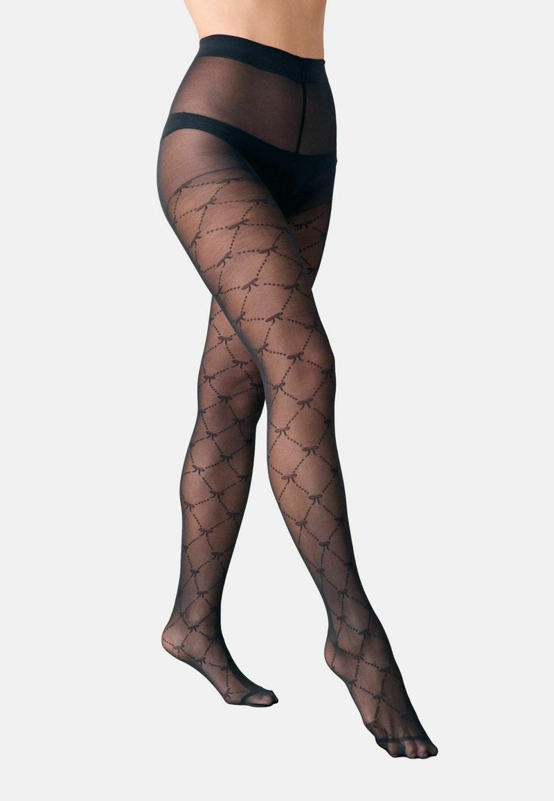 Calze a rete nere con un motivo a diamante e fiocchi, realizzate in materiale trasparente, con vita alta e finitura liscia. Dita trasparenti.