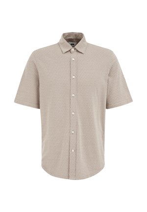 Košela s krátkym rukávom v svetlej béžovej farbe s geometrickým vzorom, s klasickým golierom a jemnou textúrou. Gombíky na prednej strane.