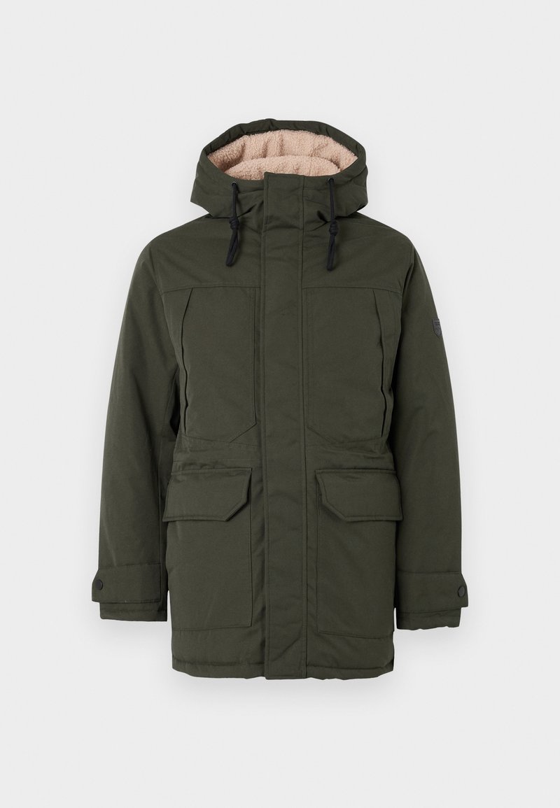 Olivgrüner Parkajacke mit Reißverschluss vorne, Kapuze und plüschigem beigen Futter. Verfügt über zwei große Fronttaschen und elastische Bündchen.