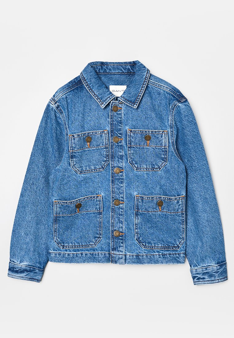 Denim jacket in light blue with a collar, button front, and four pockets. Features contrasting stitching and a slightly textured finish.