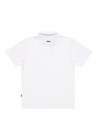 Weißes Polo-Shirt mit kurzen Ärmeln, aus atmungsaktivem Material, mit einem Kragen, normaler Passform und minimalistischem Design ohne sichtbare Markenkennzeichnung.