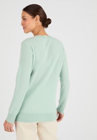 Pull vert menthe clair en tricot doux et texturé, avec des manches longues et un ourlet côtelé. Encolure ronde simple, conçu pour un ajustement décontracté.