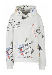 Witte hoodie met een ontspannen pasvorm, voorzien van kleurrijke tekst en abstracte verfspatten. Zacht katoenen materiaal met een capuchon en koord.
