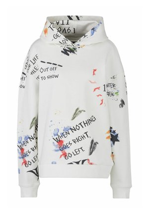 Witte hoodie met een ontspannen pasvorm, voorzien van kleurrijke tekst en abstracte verfspatten. Zacht katoenen materiaal met een capuchon en koord.