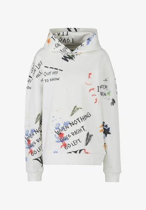 Witte hoodie met een ontspannen pasvorm, voorzien van kleurrijke tekst en abstracte verfspatten. Zacht katoenen materiaal met een capuchon en koord.