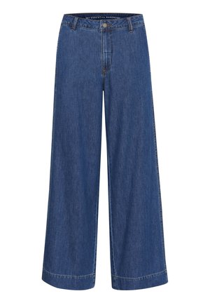 Wide-leg denim trousers in dark blue. Made of cotton, featuring a button closure, front pockets, and a clean hem.