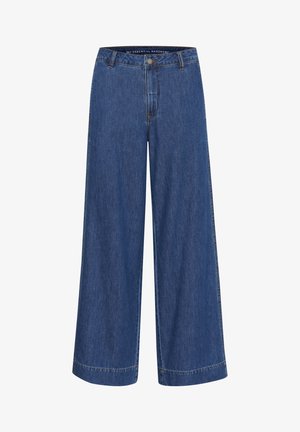 Wide-leg denim trousers in dark blue. Made of cotton, featuring a button closure, front pockets, and a clean hem.