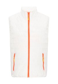 Weiße gesteppte Weste mit hohem Kragen, orangefarbigem Reißverschluss vorne und seitlichen Taschen. Sie hat kontrastierende orangefarbene Akzente und einen leichten Stoff.