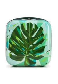 Valigia rigida con finitura lucida, caratterizzata da un design geometrico di foglie verdi su uno sfondo verde chiaro. Include una maniglia scura.