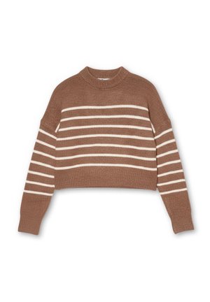 Suéter corto marrón hecho de material de punto, con rayas horizontales blancas y un escote redondo, con mangas largas y puños acanalados.