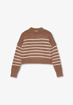 Suéter corto marrón hecho de material de punto, con rayas horizontales blancas y un escote redondo, con mangas largas y puños acanalados.