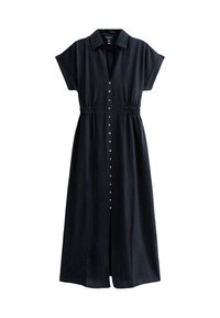 Abito nero con bottoni a camicia e maniche corte, vita arricciata e gonna ampia. Presenta bottoni dorati e un colletto. Tessuto dalla texture morbida.