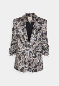 Blazer a motivi in nero, oro e blu. Presenta un revers, maniche lunghe e due tasche frontali. Realizzato in tessuto texturizzato.