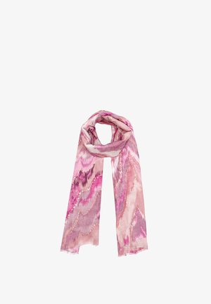 Sciarpa rosa a motivo con design ondulato e bordi frangiati, realizzata in tessuto leggero, con diverse sfumature di rosa e texture sottili.