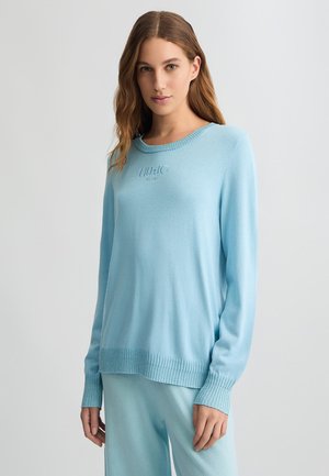 Maglione azzurro chiaro con orlo e polsini a costine, con una leggera texture. Presenta un logo ricamato sul petto, maniche lunghe e scollatura rotonda.