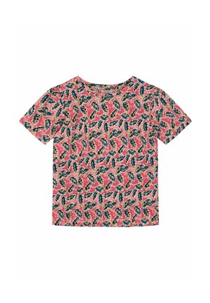 Kortærmet lyserød t-shirt med et farverigt fjer-design i blå, beige og sort, med rund halsudskæring.