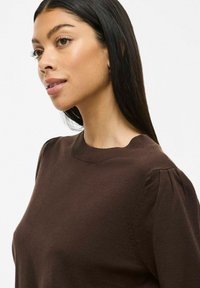 Maglione marrone con scollatura arrotondata e maniche leggermente a sbuffo. Tessuto morbido e silhouette aderente, adatto per un abbigliamento casual.
