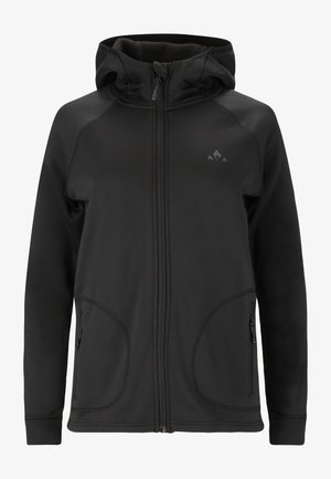 Sort zip-up hoodie med blød inderside, to forlommer og en tætsiddende hætte. Har diskrete syninger og et lille logo på brystet.