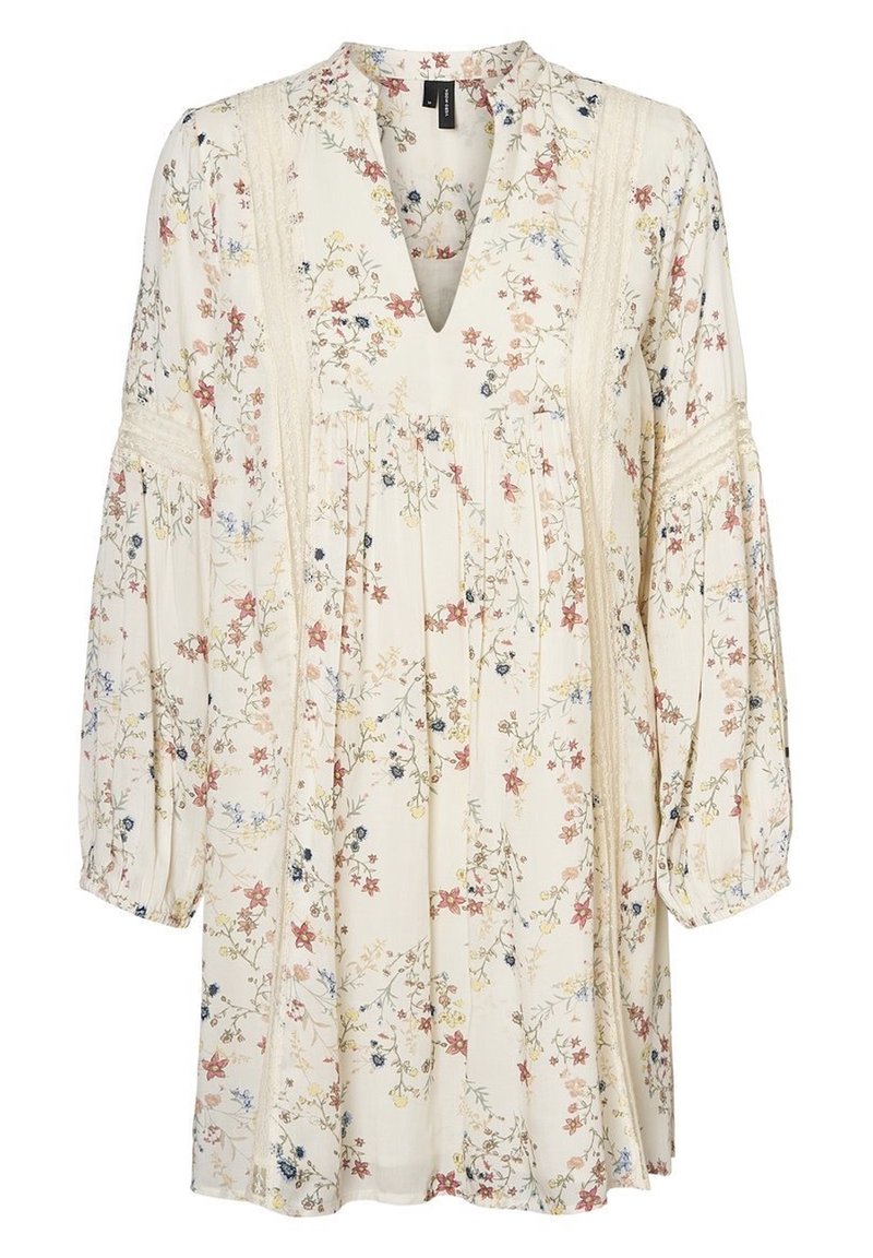 Robe fleurie en tissu léger avec un col en V, des manches longues bouffantes, un corsage plissé et des détails en dentelle délicate crème ornée de fleurs multicolores.