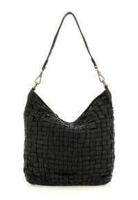 Borsa a tracolla in pelle nera intrecciata con forma hobo, dotata di un singolo cinturino per la spalla e dettagli hardware in tonalità oro. Superficie strutturata con motivo a griglia.