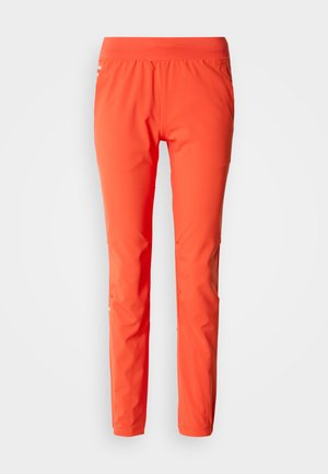 Bright orange, lightweight, stretchable joggers with an elastic waistband and sleek design. Features pockets and tapered legs. Water-resistant material.
