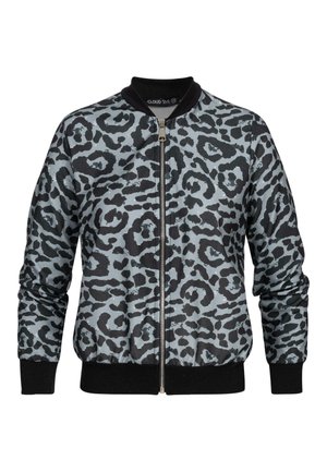 Giacca bomber con stampa leopardo grigia e nera, dotata di cerniera frontale, colletto a costine, polsini e vita a costine.