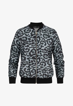 Pelēka un melna leoparda raksta bomber jakas ar priekšējo rāvējslēdzēju, ribotu apkakli, aprocēm un jostu.
