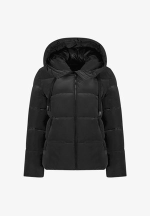 Zwarte pufferjas met capuchon, voorzien van een ritsluiting aan de voorkant, een gestikte ontwerp en twee zijzakken. Soepele fabric textuur.