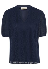 Marinblus med kort ärm, V-ringning och intrikata diamants mönster. Tyget har en texturerad yta med en spetskant.