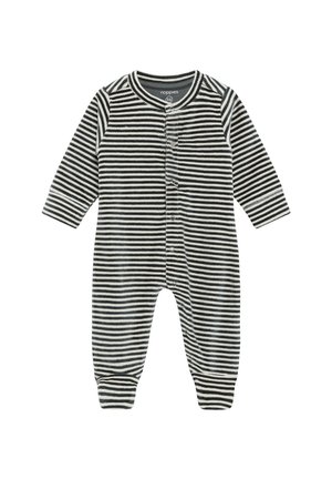 Babypak met lange mouwen met zwart-witte horizontale strepen en drukkers aan de voorkant voor makkelijk aankleden.