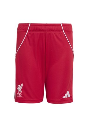 Shorts de sport rouges du Liverpool FC avec des passepoils blancs, blason du club sur la jambe gauche et logo Adidas sur la jambe droite, ceinture élastique.
