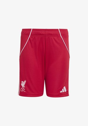 Pantaloni sportivi rossi del Liverpool FC con piping bianco, crest del club sulla gamba sinistra e logo Adidas sulla gamba destra, vita elasticizzata.