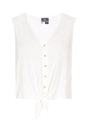 Top alb fără mâneci cu decolteu în V, având un închizător cu nasturi și un detaliu de nod legat la tiv. Fabricat dintr-un material ușor.