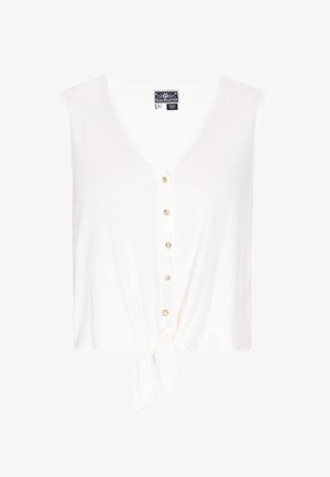 Bijela bezrukava majica s V-izrezom, s gumbima sprijeda i detaljem čvora na rubu. Izrađena od lagane tkanine.